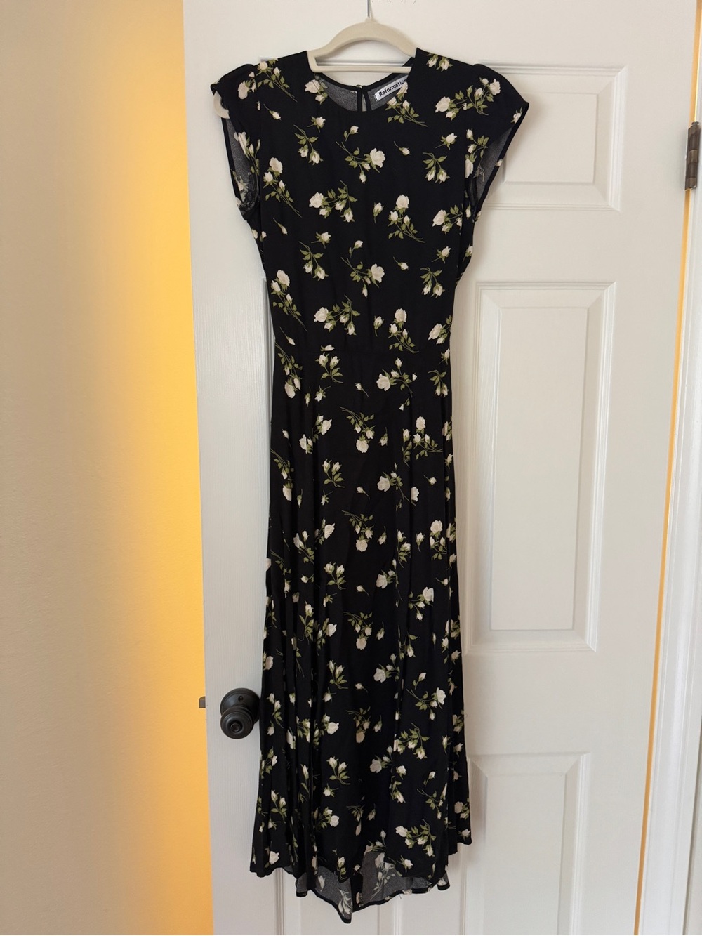Reformation Floral Black Midi Dress with Cap Sleeves